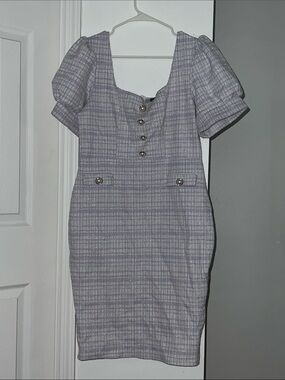 Lavender Plaid Puff Sleeve Sheath Dress